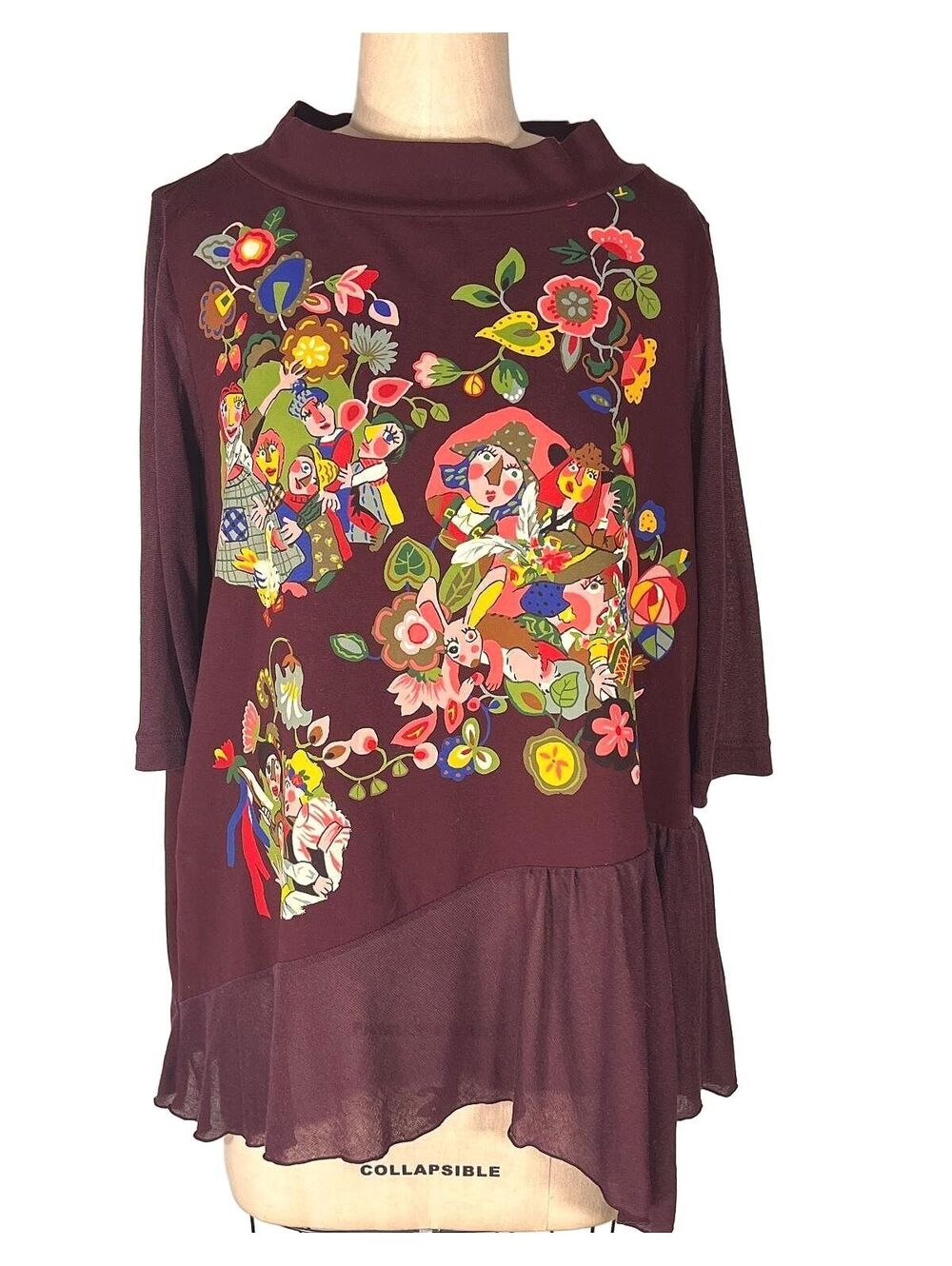 Tokuko 1er Vol Japanese Vintage Art To Wear Graphic Top Burgundy Folk Art Med